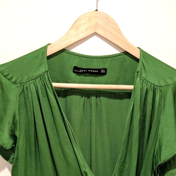 $5 Item! Zara Woman S Green Viscose Wrap Blouse with Draped Sleeves - Picture 3 of 6